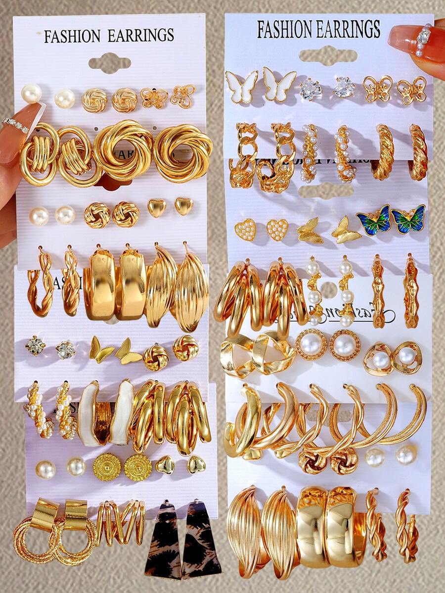Conjunto de brincos de pérolas artificiais com borboletas e corações, elegantes e modernos, 12/46/48 peças, para mulheres, adequado para férias, encontros, festas, dia das mães, presente de verão, combinação diária