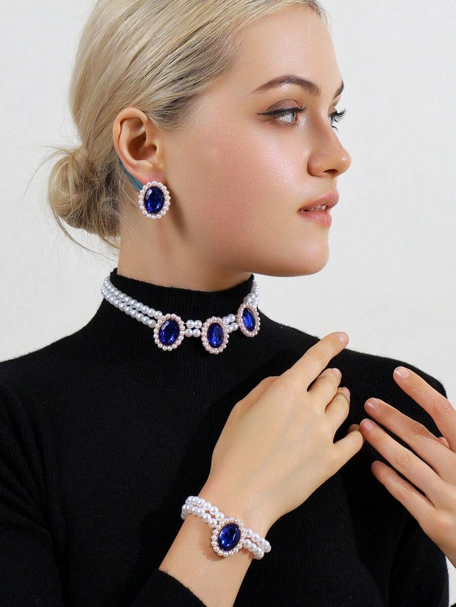 4pcs/Set Elegant Minimalist Jewelry Set For Women: 1pc Pearl Necklace, 1 Pair Crystal Earrings, 1pc Beaded Bracelet, Suitable For Daily Wear