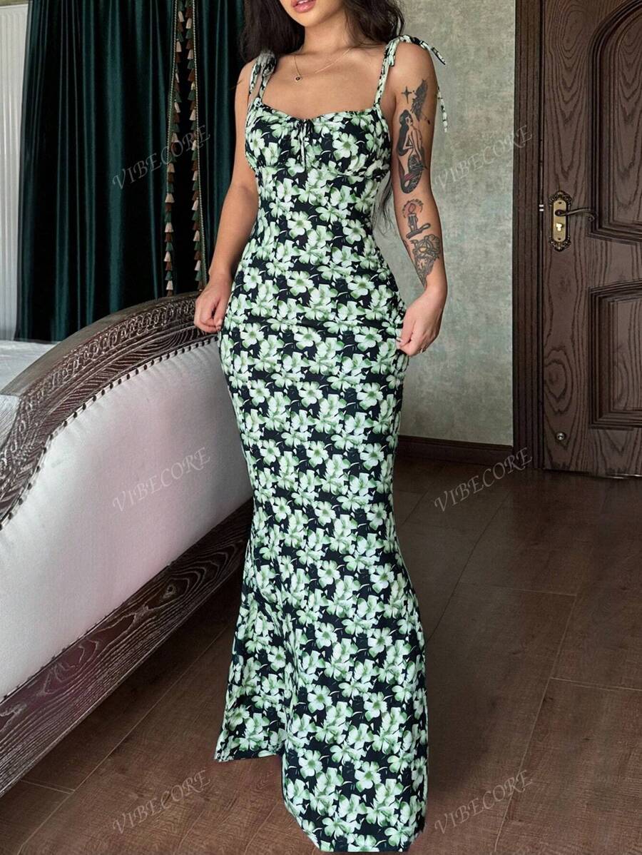 Vestido elegante de moda sexy y entallado con estampado floral para fiestas, vacaciones, festivales, primavera y verano