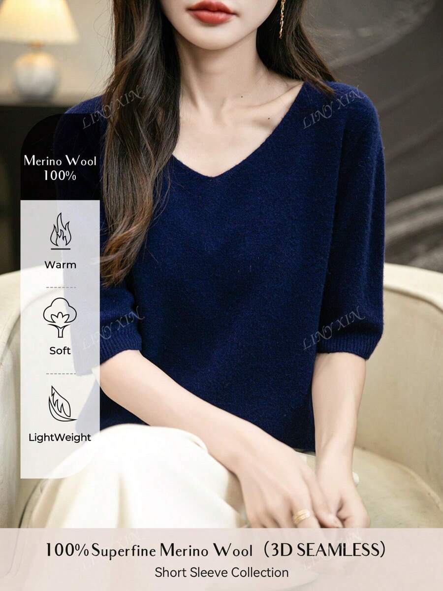 Pull en laine mérinos 100% pour femme, t-shirt mignon d'été, hauts élégants à couture d'un seul trait, pull sans couture à encolure en V pour femmes, Top tricoté à manches courtes pour le printemps et l'été, nouveau t-shirt en laine décontracté pour l'été
