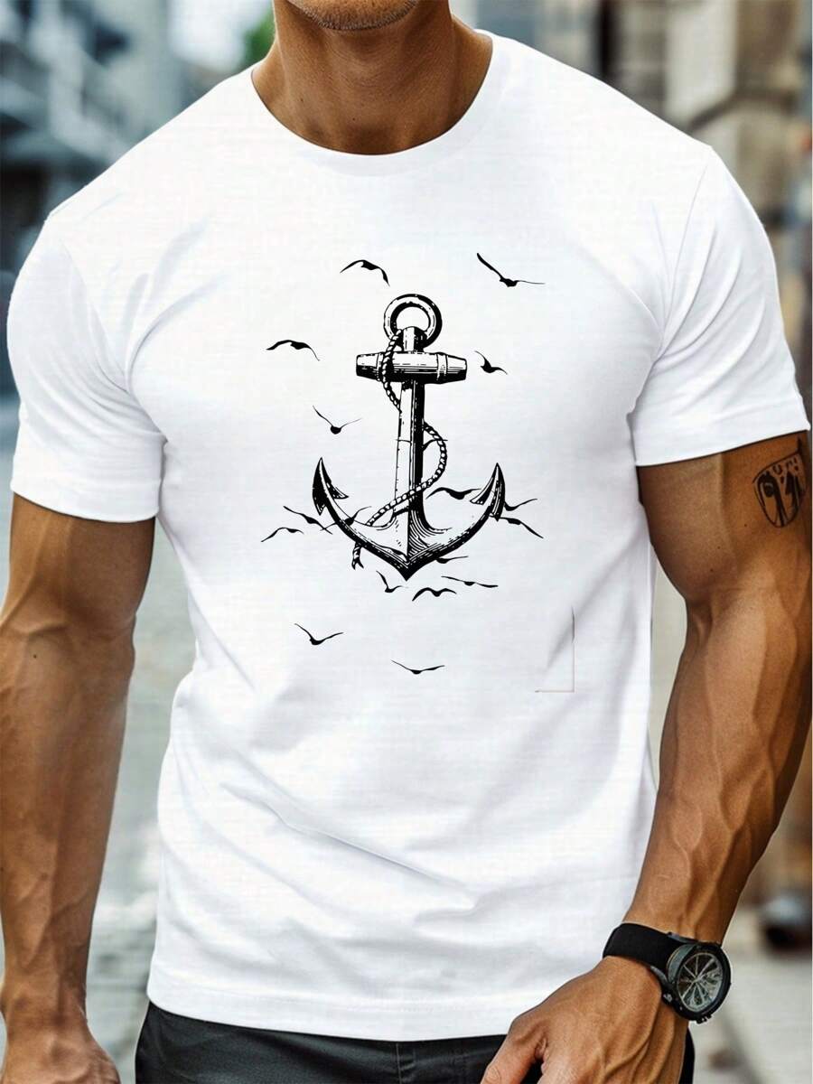 T-shirt da uomo con stampa di ancora bianca, 220 g/m², scollo rotondo casual, in puro cotone, a maniche corte (1 pezzo)
