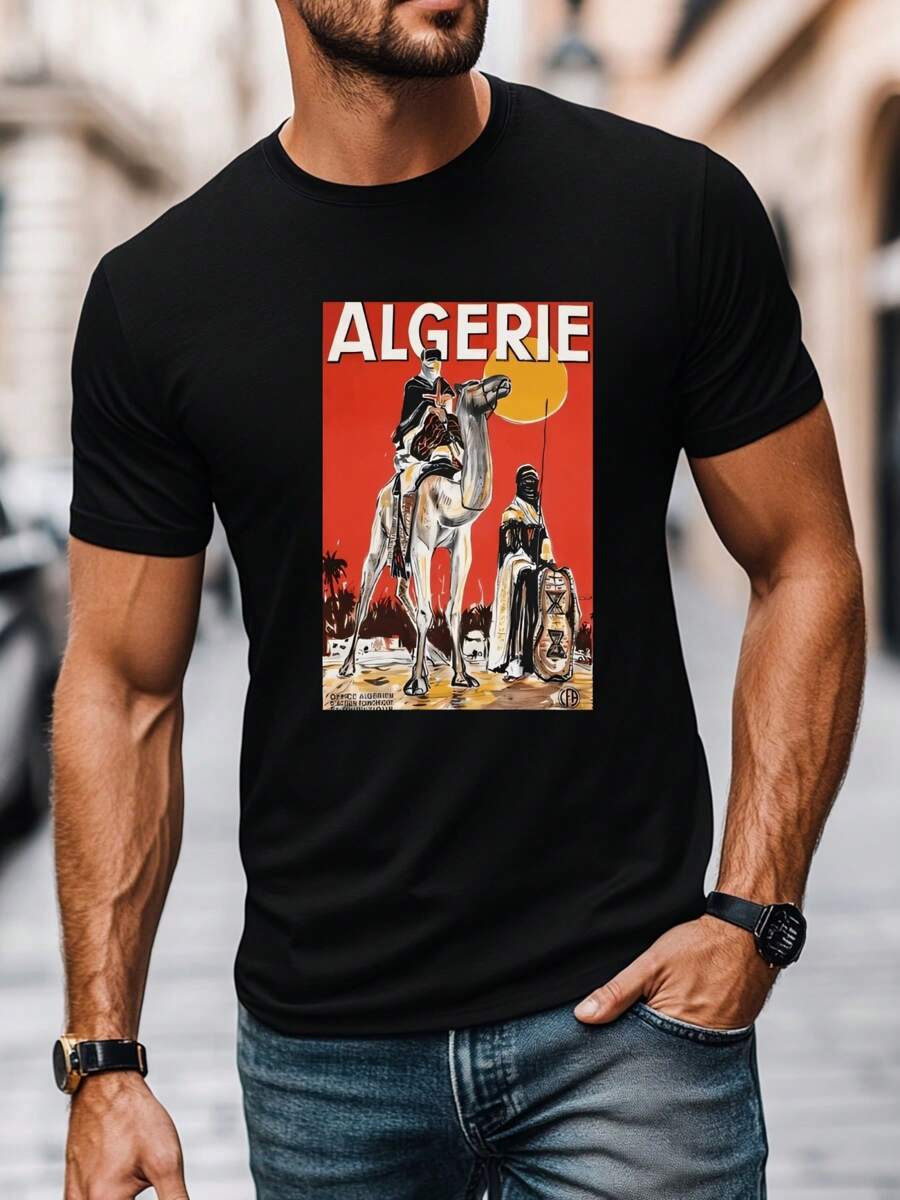 T-shirt da uomo nera con motivo algerino, con stampa alla moda, 220 g/m², da uomo, casual, scollo tondo, puro cotone, manica corta (1 pezzo)