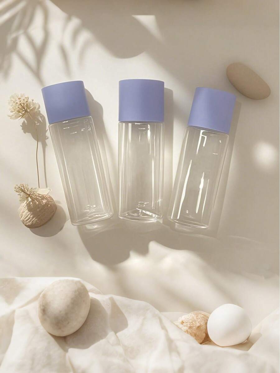 1pc 100ml Round Clear Plastic Bottle For Cosmetics Packaging With Purple Screw Cap And Transparent Plug