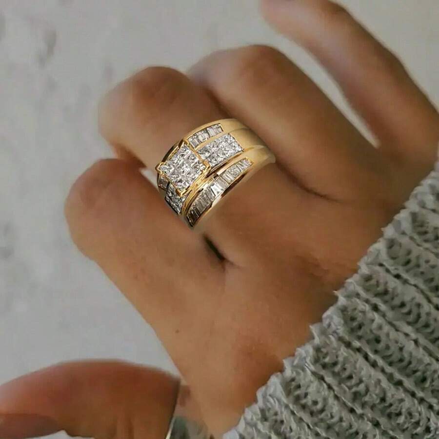 1 buc Inel elegant de dama, placat cu aur de lux de 18K cu zirconiu alb, potrivit pentru verigheta de mireasa, cadou romantic de aniversare, bijuterii de logodna, cadou de zi de nastere