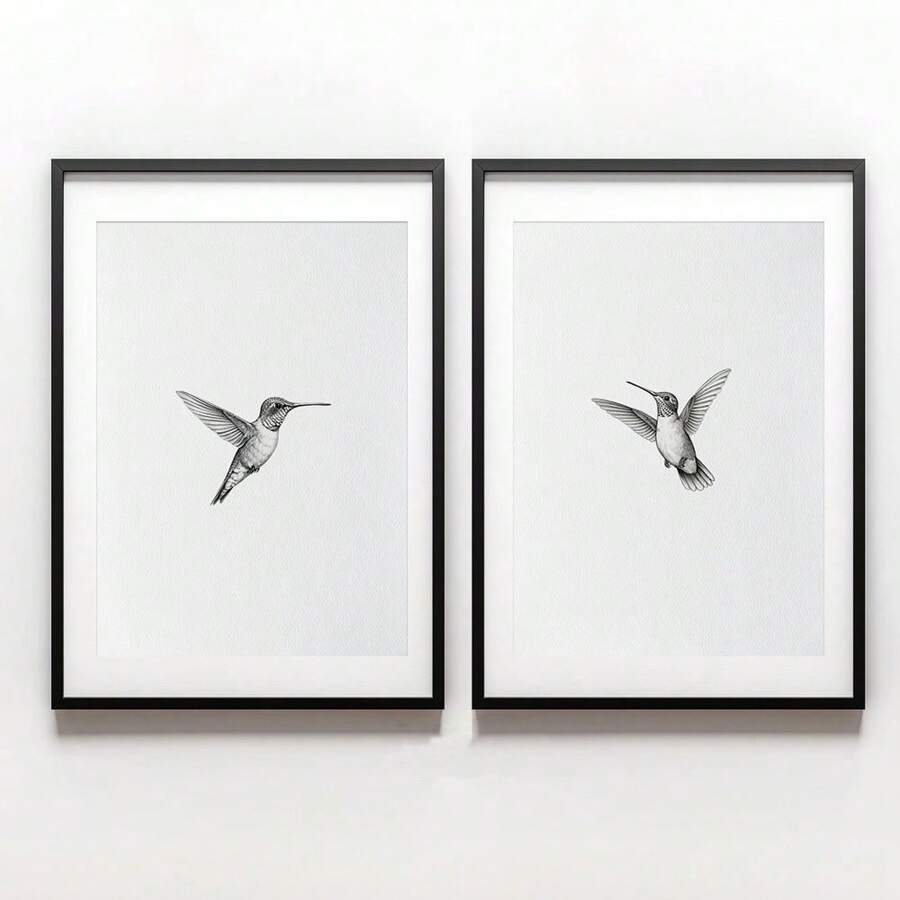 Set de 2 colibri neîncadrat schiță artă poster vintage tipărire canvas minimalistă păsări animale decor abstract de perete pictură retro pentru cămin, apartament, sufragerie, dormitor, decorațiuni moderne pentru casă