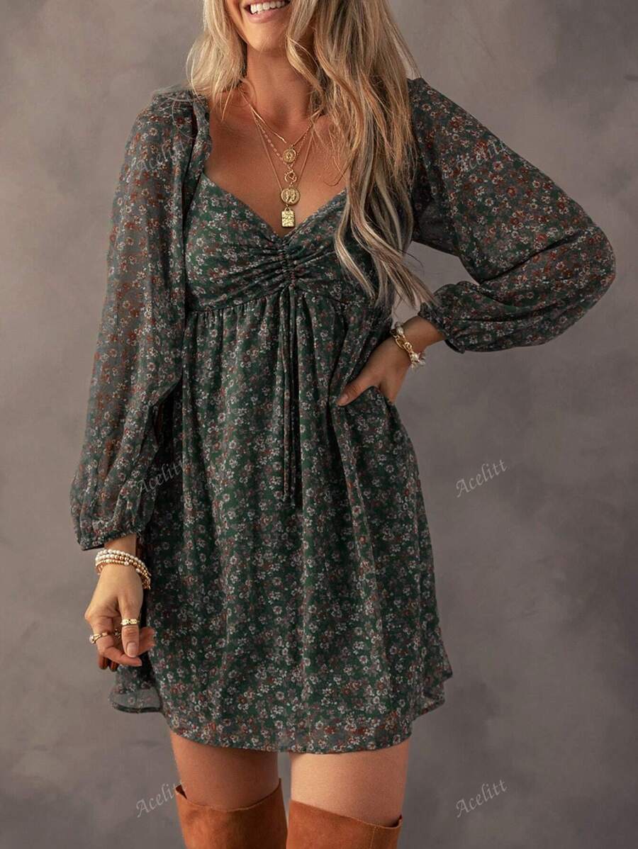 Acelitt Summer Ditsy Floral Shirred Front Patchwork Lantern Sleeve Dress