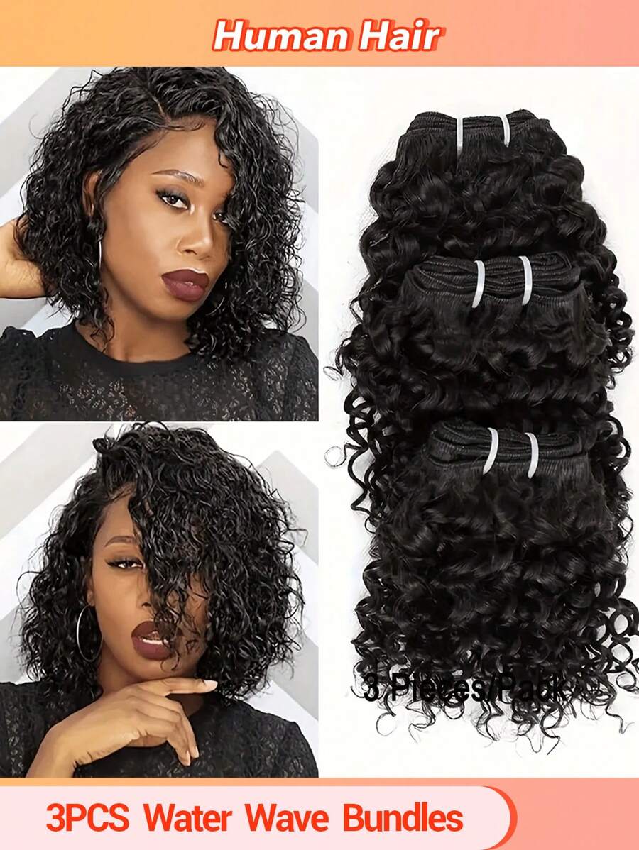 Pacotes de Cabelo Humano Encaracolado com Água 3/Peças Extensões de Cabelo Virgem Onda de Água 10 Polegadas, Cor Natural