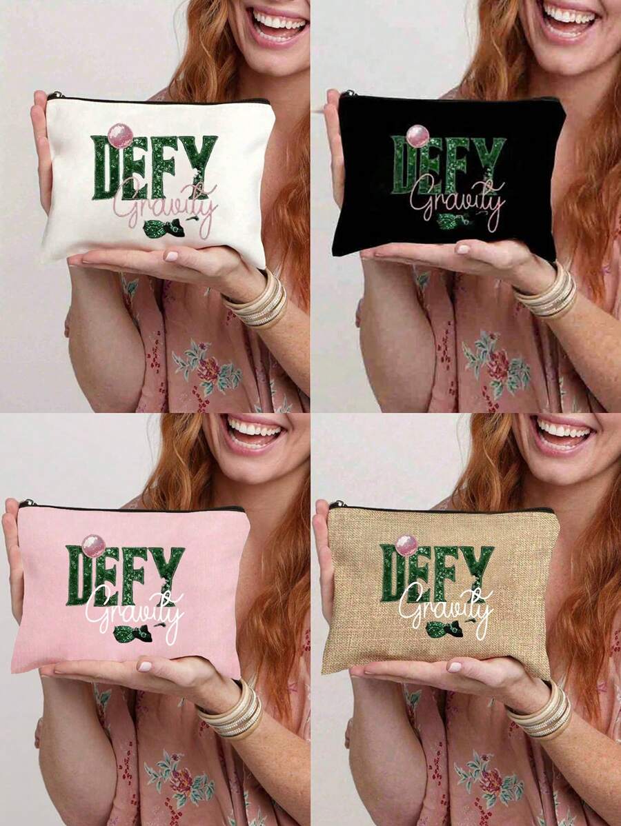 1PC Black Travel Pouch With Pink Glitter Accents - Lightweight Polyester Makeup Bag For Women, Wicked Witch & Wizard Of Oz Inspired, Zippered Toiletry Organizer, Ideal Gift For Daughter, Makeup Travel Bag Graduation