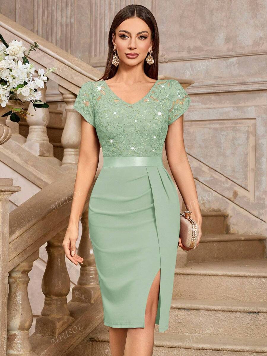 MIUSOL Elegant Sequin Lace Ruched Split Thigh Cocktail Party Bodycon Dress, Wedding Guest Dress