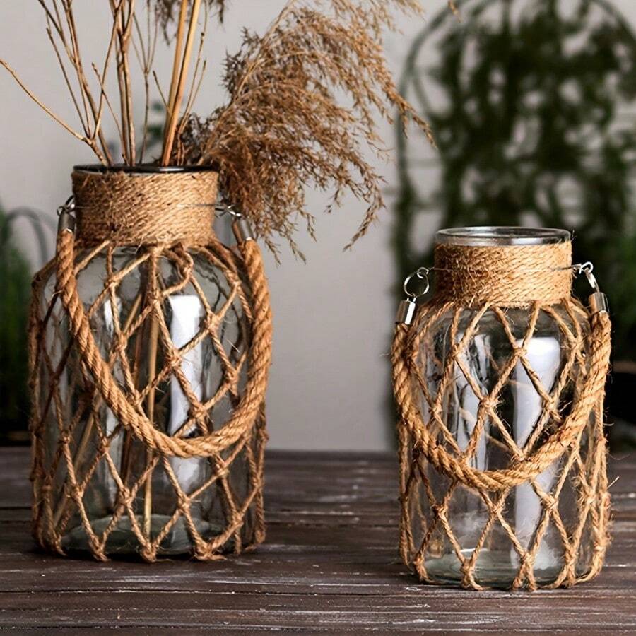 Jarrón de vidrio con estilo vintage tejido en red, jarrón transparente de vidrio para flores hidropónicas hecho a mano de forma creativa, para granja, boda, fiesta y decoración del hogar