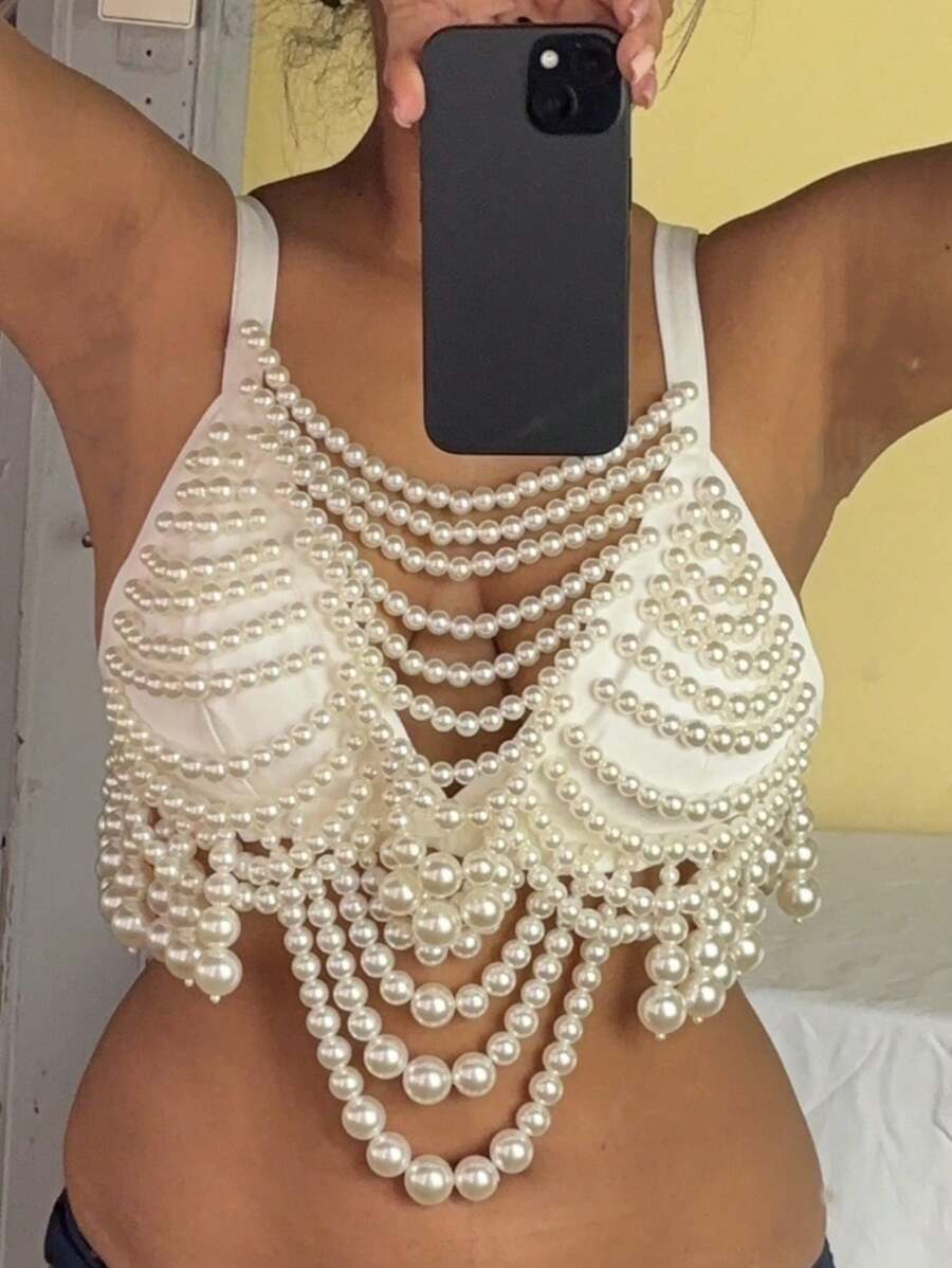 1 pezzo Canotta elegante da donna con perle, realizzata interamente a mano, con catena di perle di lusso, cinturini a spaghetti, stile stradale caldo, adatta per appuntamenti, feste o vacanze, ottimo anche come regalo per signore