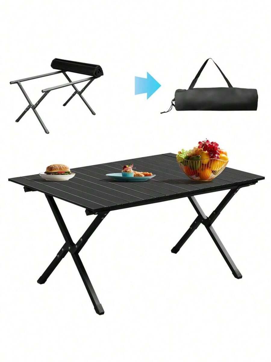 Black Camping Roll Table Carbon Steel Yard Portable Table Easy To Assemble And Convenient To Carry Around, Suitable For Temporary Outdoor Camping Needs In The Yard