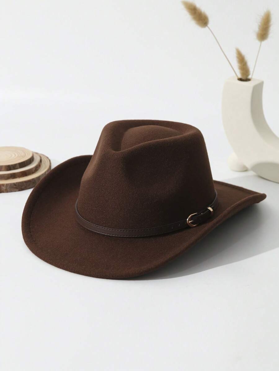 1pc Unisex Belt Decor Boho Cowgirl Hat Cowboy Hat Wide Brim Handmade Fedora Hat Jazz Panama Hat Soft Felt Hat Western Suitable For Daily Use