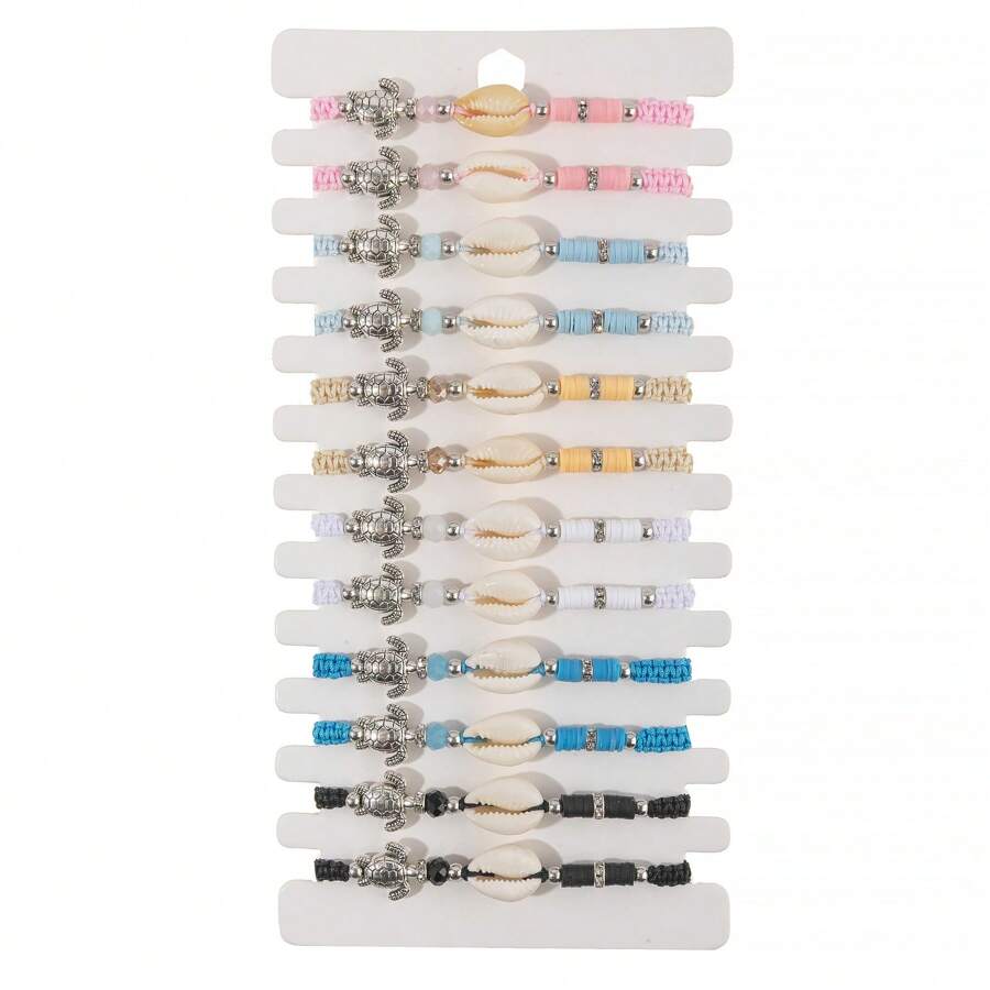 12 Stücke/Set modischer Sommer Schildkröten Armband, Holzperlen, Legierung, falscher Türkis, Kristall einstellbares Armband/Knöchelband, geeignet für den täglichen Gebrauch von Frauen, Reisen, Strand, Party, Schmuckzubehör, Geschenk für Freundin/Paar