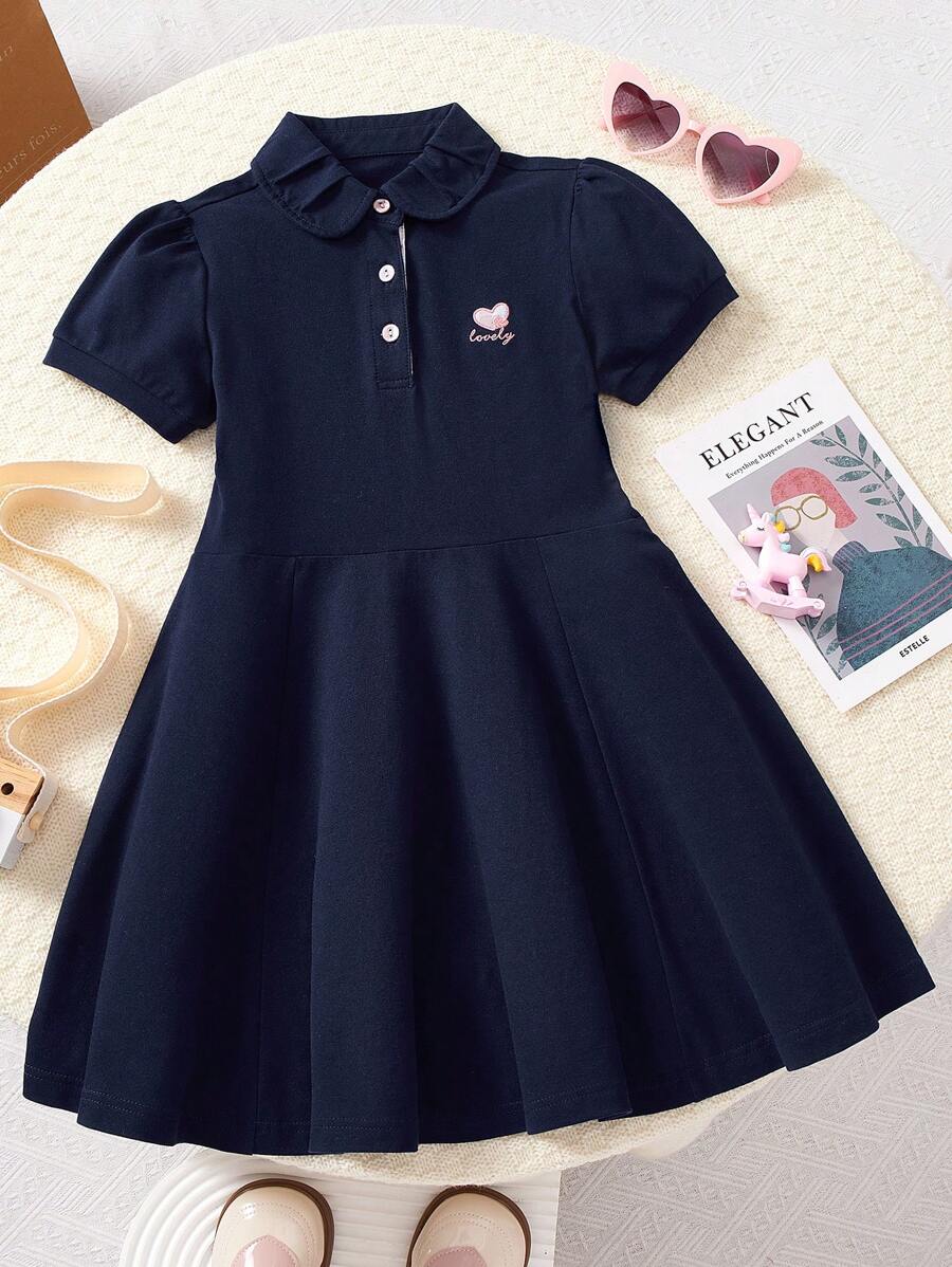 Vestido de Verão para Meninas, Vestido de Manga Curta Estilo Academia com Bordado de Coração Elegante e Manga Bufante para Crianças, Saia Casual Esportiva em Formato A para Meninas Pré-Adolescentes, Nova Moda de Roupas para Meninas