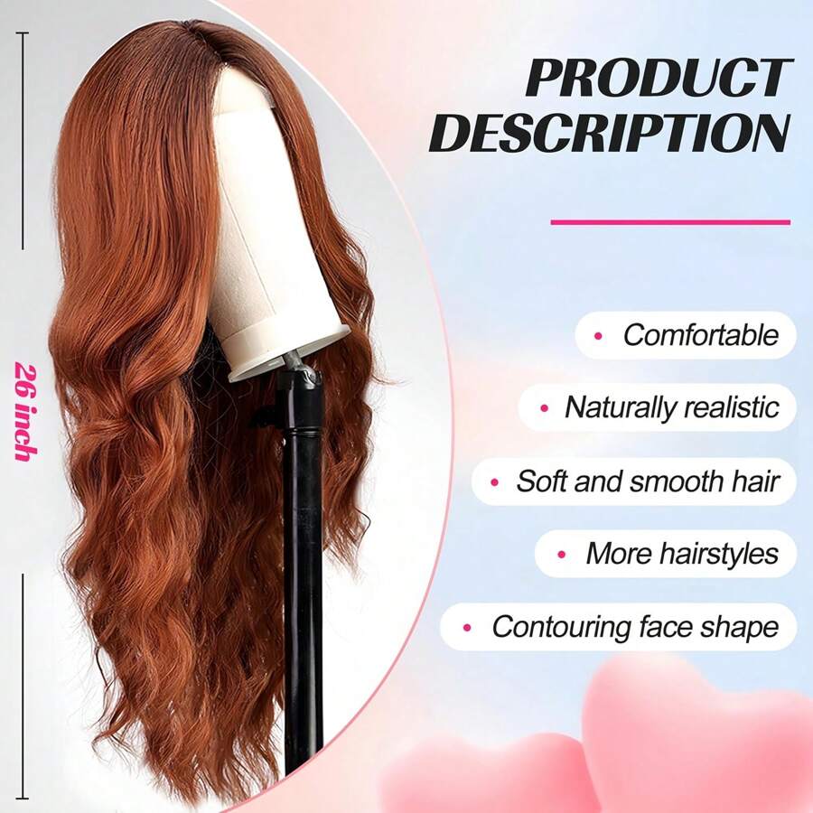Peluca de encaje frontal, naranja natural, peluca de onda larga europea y americana, adecuada para mujeres, 26 pulgadas, tocado completo de fibra sintética