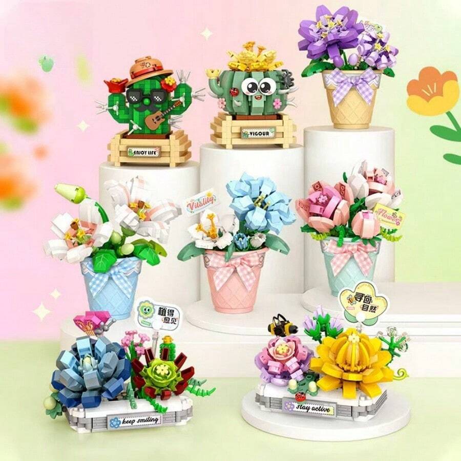 Cute Succulent Plant Pot Set, Terrarium Decoration, Including Blue Ice Lotus, Haworthia, Campanula, Giftware Sculpture, Creative Home DIY Decoration, Suitable For Valentine's Day, Spring Festival, School Opening Gifts, Interesting Blocks