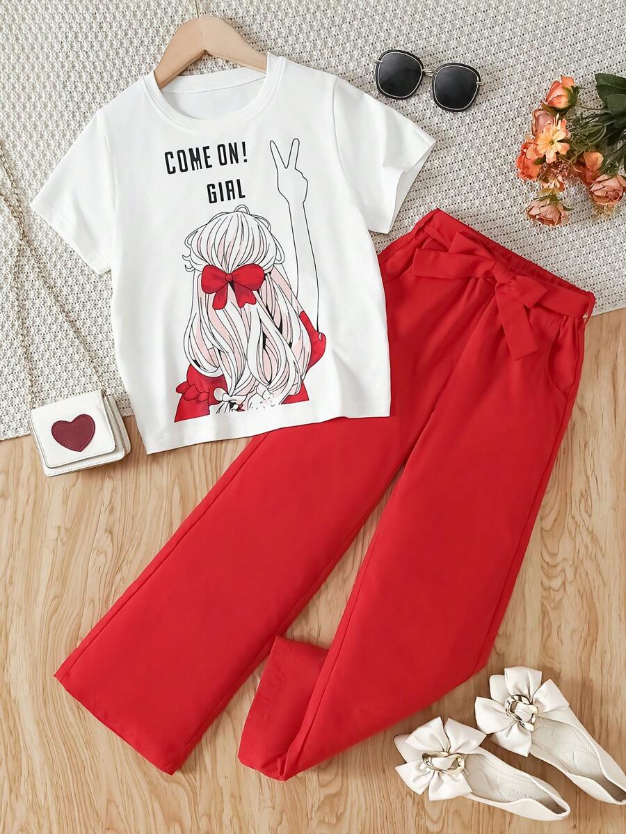 2 Peças Conjunto de Moda Verão Meninas, Camiseta Estampada + Calça Reta de Perna Larga de Cor Sólida
