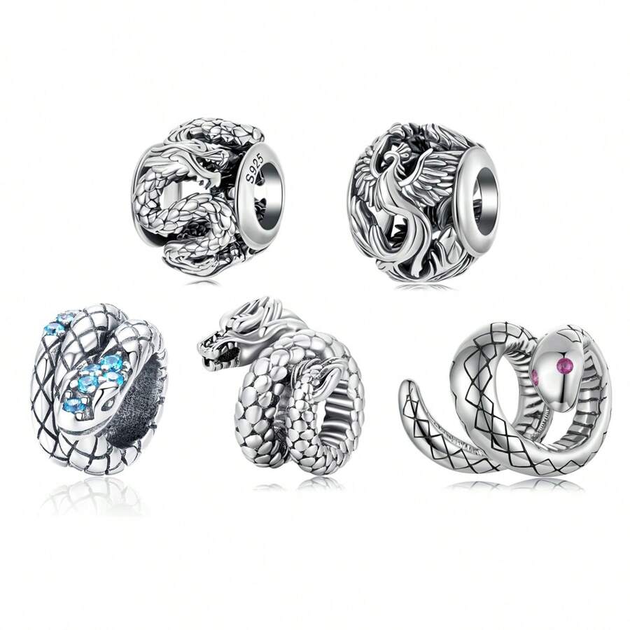 1 PC 925 Vintage Prata Dragão Voador Charme Retro Phoenix Cobra Conta Fit Pulseira Original DIY Jóias Finas Fazendo