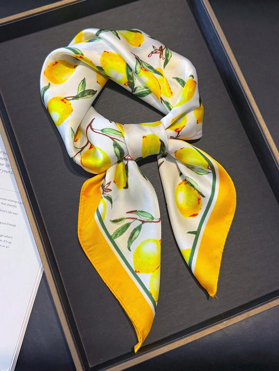 1 Peça Lenço de Pescoço de Cetim Quadrado Pequeno com Estampa de Limão em Cores Brilhantes de Verão para Mulheres, Lenço de Pescoço Macio e Elegante