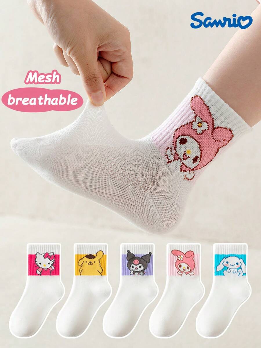 5 Pares de Meias Curtas para Meninas Sanrio, Meias Decorativas com Estampa Fofa de Coelho, Meias Casuais de Esporte na Moda e Versáteis, Meias Respiráveis Macias e Agradáveis à Pele até o Tornozelo, Adequadas para Uso Diário, Festas, Viagens, Festas, Volta às Aulas