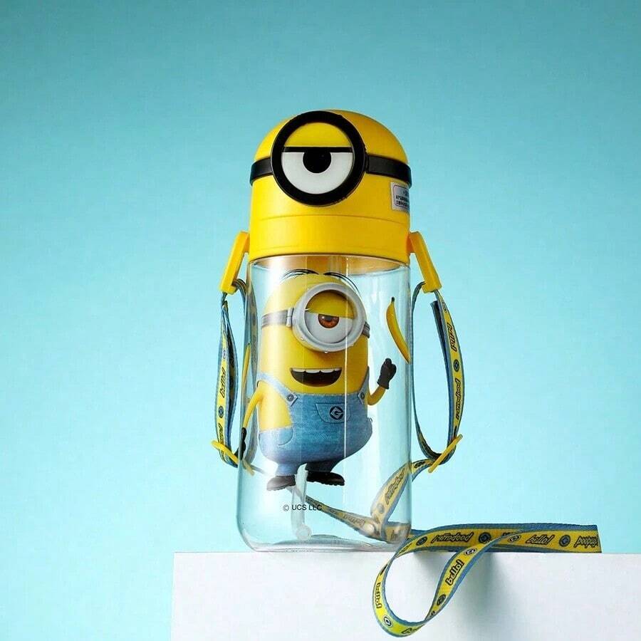 Miniso Minions Themed Cute Design Backpack Strap Plastic Straw Cup 600mL/20.29oz, Portable Daily Use (1 PC)