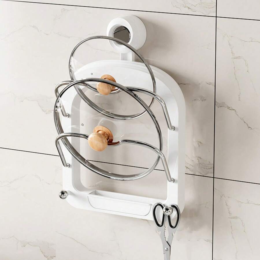 Support pour couvercles de casserole en plastique et fer avec pieds, adapté au rangement dans la cuisine et à l'organisation domestique quotidienne.