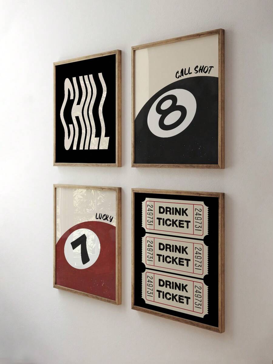 4 Piezas de carteles de arte de bar Impresión de bola 8 de la suerte Cuadros de pintura de boletos de bebida fría Arte de pared elegante Impresión de pared vintage Decoración moderna de la sala de estar Decoración de pared sin marco