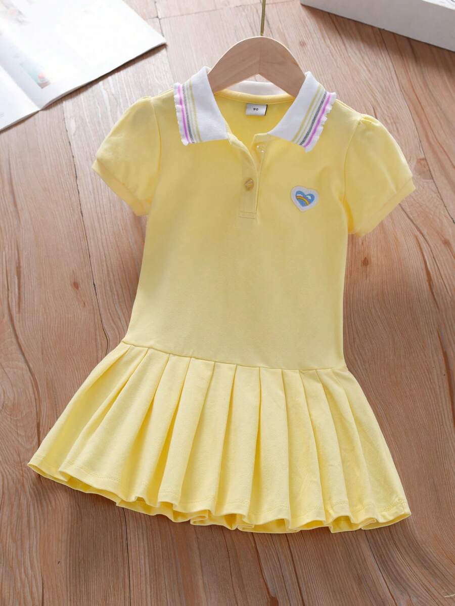 Vestido polo de manga corta casual para niñas con cuello, bordado de corazón y arcoíris, para el verano