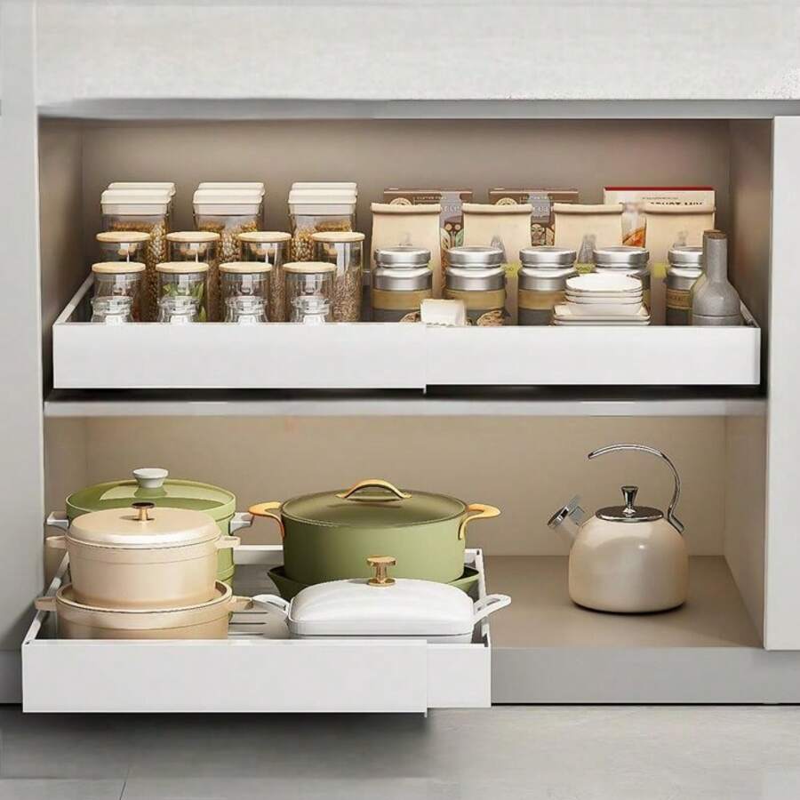1pc Pull Out Shelf Rack, Kitchen Cabinet Under Sink Adjustable Spice Jars Drawer Basket Organizer, Kitchen Storage Utensils, Room Decoration, Suitable For Kitchen, Restaurant, Party, Camping, Outdoor, Gathering, Gift For Friends, Family Gift
