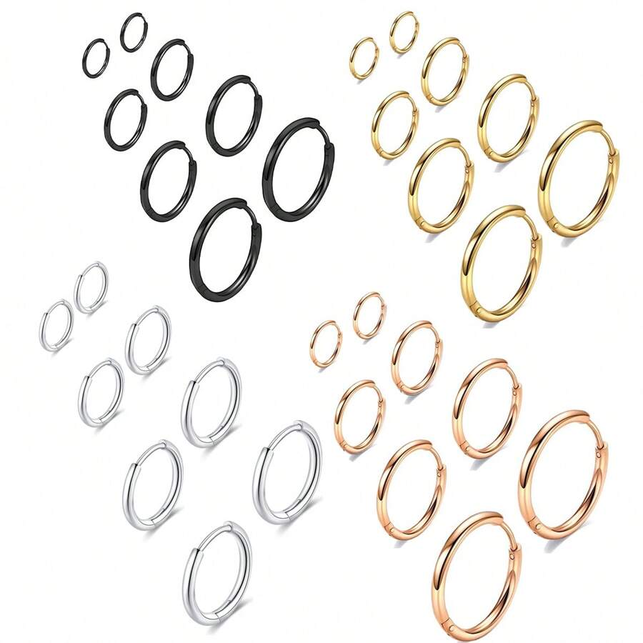 4 pares de pendientes de aro tipo "huggie" de acero inoxidable quirúrgico 316L de 6mm, 8mm, 10mm y 12mm, hipoalergénicos, para cartílago, hélix y lóbulos, tipo bisagra, para hombres y mujeres