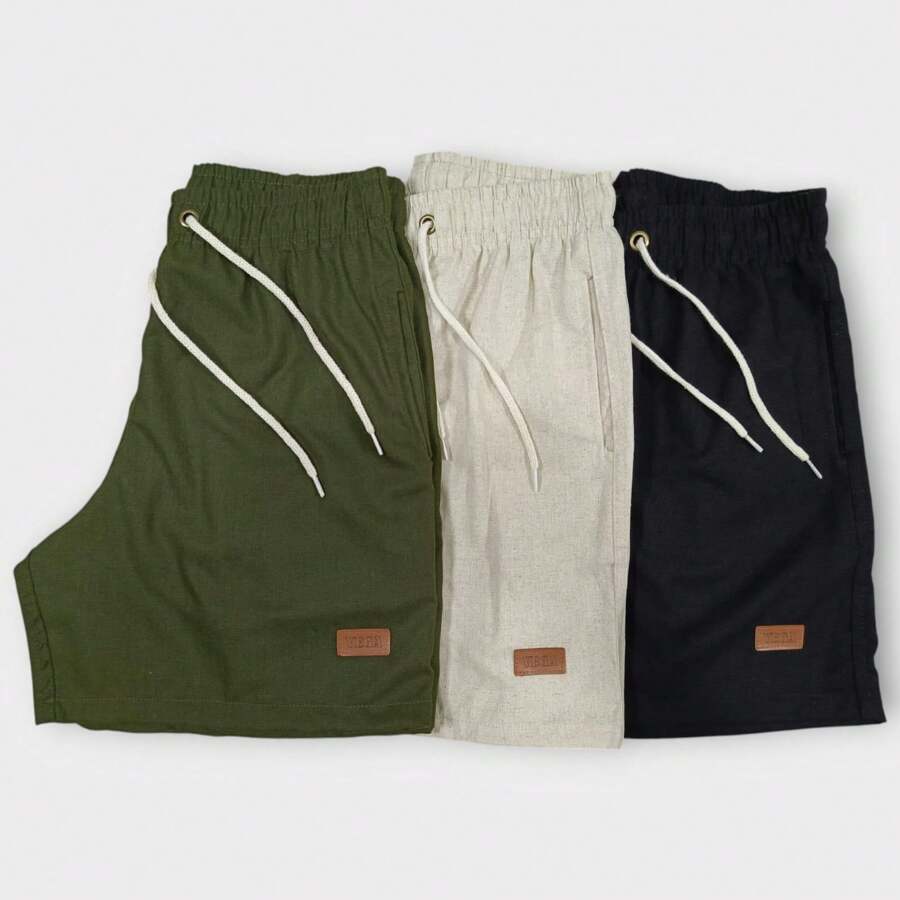 Kit 3 Premium Linen Shorts Bermuda Mauricinho Men's Casual Basic Comfortable Leather Label Detail