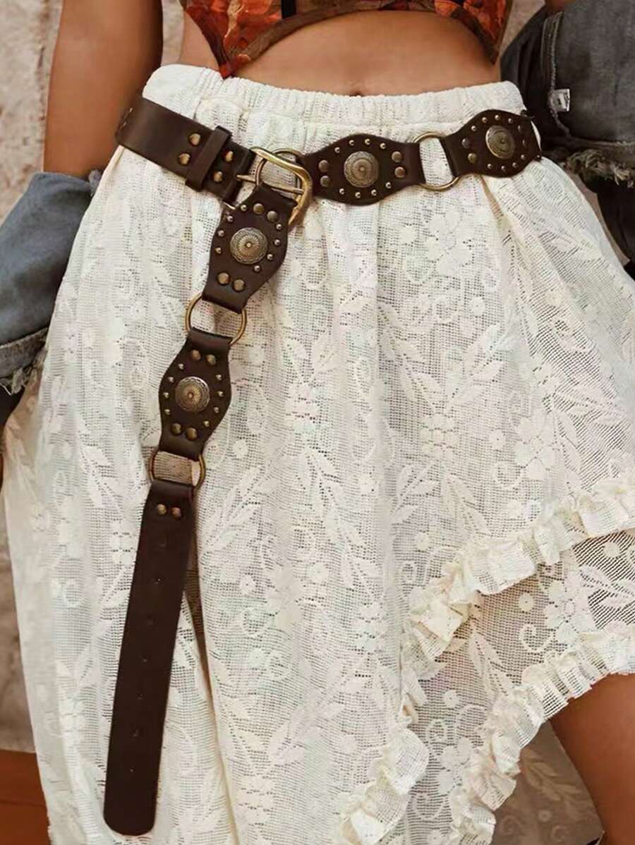1 pieza Cinturón casual de mujer con estilo retro punk rock Y2K, con remaches, parches y hebilla de metal, para verano, escuela, otoño, Halloween