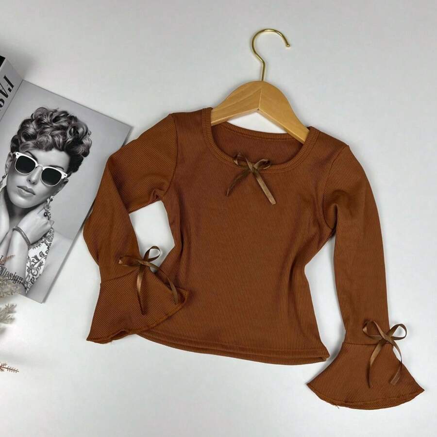 Blusinha Infantil Meninas Estilosas Blusa Manga Flare Laço Canelada Lançamento Modinha