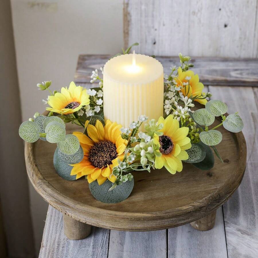 1pc Home Decor Small Wreath, Spring Sunflower & Eucalyptus Candle Holder Wreath, Wedding Party Festival Decoration Mini Ornament, Table Centerpiece Artificial Flowers