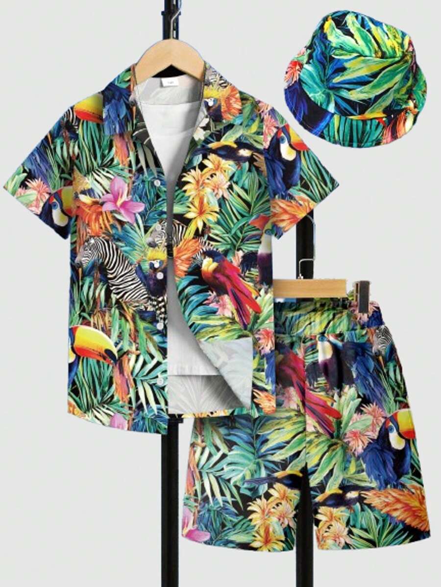 3-Piece Tween Boy Hawaiian Shirt, Hat And Shorts Set With Pockets, Beach Tropical Rainforest Animal Print Pattern, Suitable For Summer Casual And Vacation Wear (Without White T-Shirt)