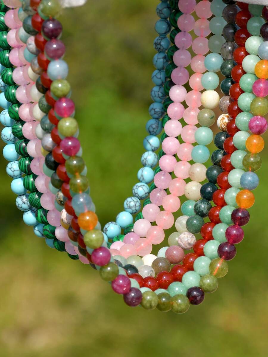 Bohemian Style Natural Stone Necklace, Elegant & Delicate 8mm Colorful Beryl & Rose Quartz Choker, Natural Healing Crystal Jewelry To Soothe Emotions And Balance Energy (Natural Stone Color Random)