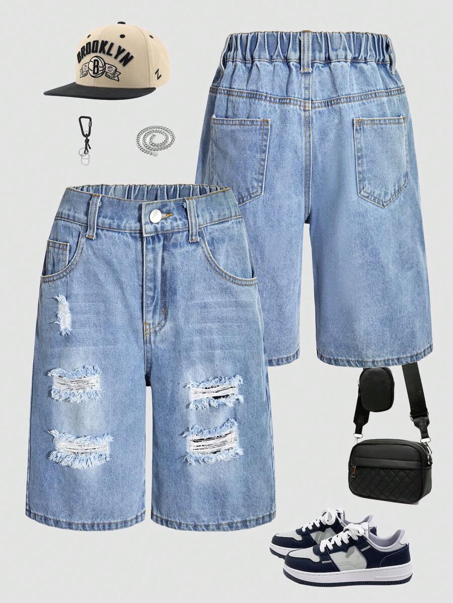 Tween Boys Distressed Pocket Casual Denim Shorts, Suitable For Summer