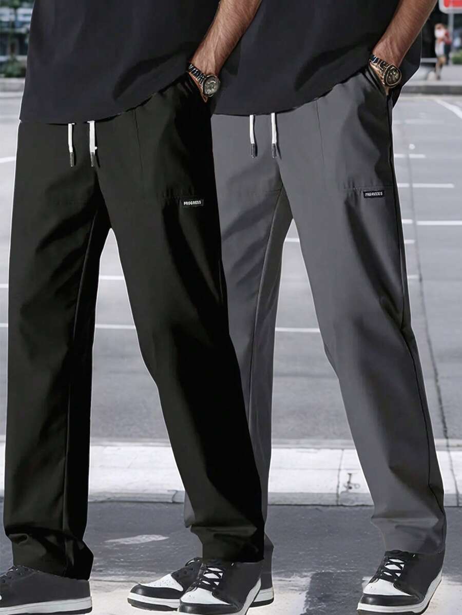 2pcs Men Casual Black & Gray Pants, Slim Fit Design, Urban Streetwear Style Trousers Set