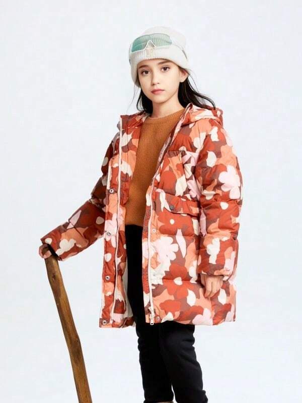 Annil Chaqueta acolchada de media longitud con estampado para niñas, abrigo de invierno para niños