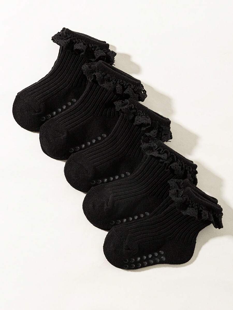 1/5 pares de meias de cor sólida para bebês meninas primavera/verão, meias curtas fofas antiderrapantes com acabamento em renda, macias e confortáveis, respiráveis, adequadas para feriados, presentes ou uso diário