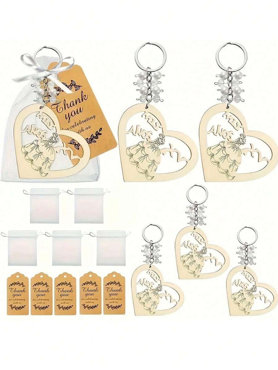 Set de regalo de 15 piezas con tema de princesa, que incluye 5 llaveros con forma de corazón, 5 tarjetas de agradecimiento y 5 bolsas de organza. Llaveros de metal con anillo abierto en forma de corazón y llaveros de madera hueca en forma de corazón, con bolsas de organza y etiquetas de agradecimiento. Adecuado para fiestas de cumpleaños, regalos de boda, regalos de despedida de soltera, regalos para la novia y recuerdos para los invitados.