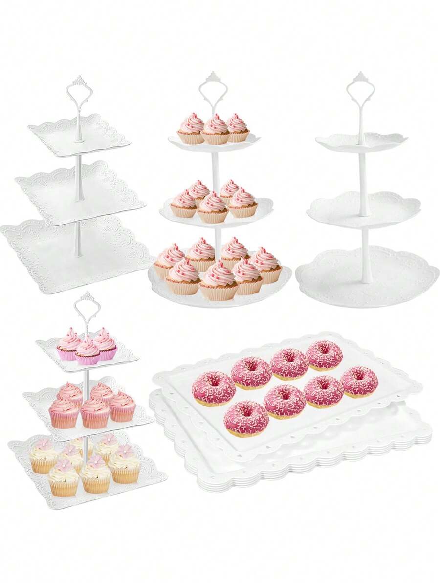 Set de 2 piezas de plataformas para pasteles de plástico blanco, set de plataforma de 3 niveles para exhibir magdalenas, galletas, postres y 1 pieza de bandeja para postres, adecuado para baby showers, tés, bodas, fiestas de cumpleaños, revelación de género, decoraciones de baby shower
