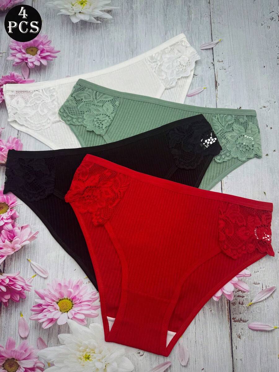 Set de 4 bragas tipo bikini de algodón con encaje y punto de canalé, transpirable