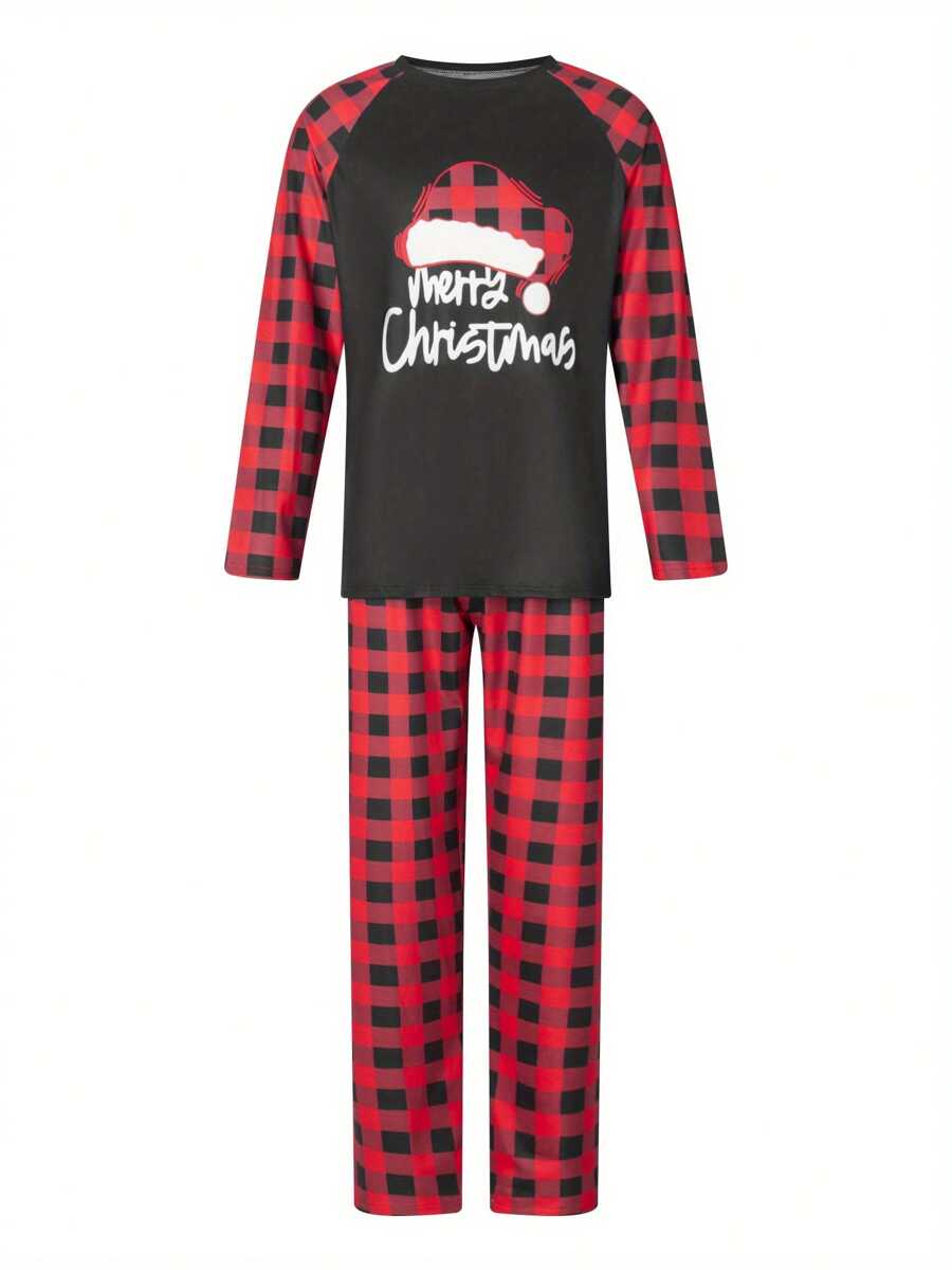Baby Christmas Parent-Child Outfit, Romper/Letter Print Raglan Long Sleeve Tops And Plaid Pants Sleepwear