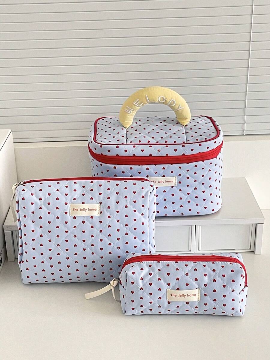 Bolsa de cosméticos con cremallera de tela suave con forma de corazón de color azul en polvo, bolsa de almacenamiento dulce para maquillaje, artículos de tocador, hogar, viaje, mujer