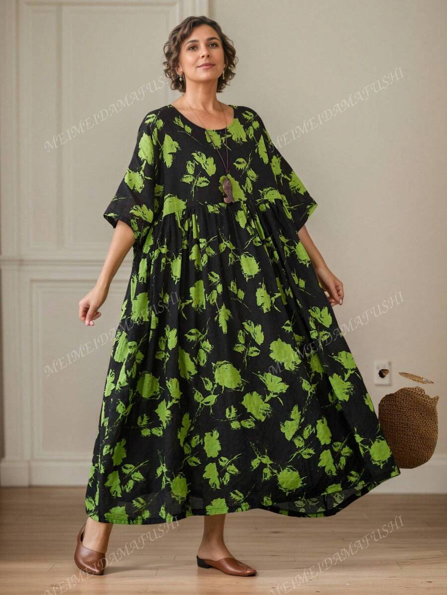 Top, 2025 Green Flower Dress, Daily Ladies Plus-Size Dress, Summer Crew-Neck Sleeved Full Print Breathable Holiday Casual Dress, Holiday Beach Wear, Bohemian Elegant Dress