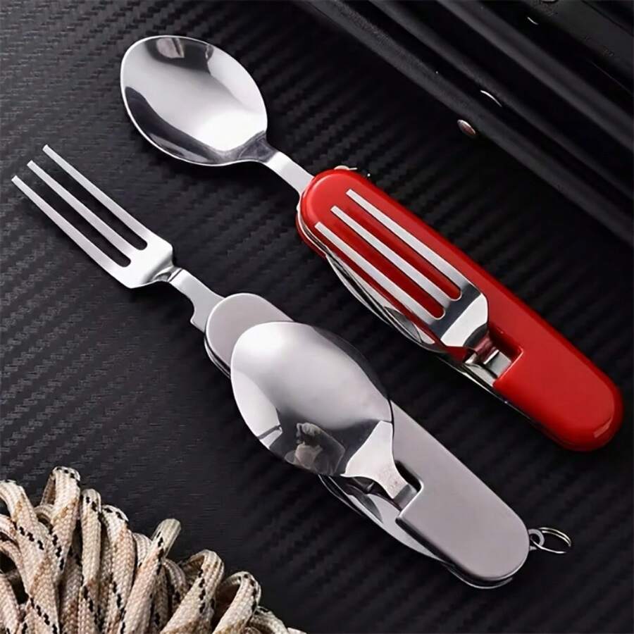 Folding Camping Knife, Fork And Spoon, Stainless Steel, Portable, Detachable, Multi-Function Folding Knife