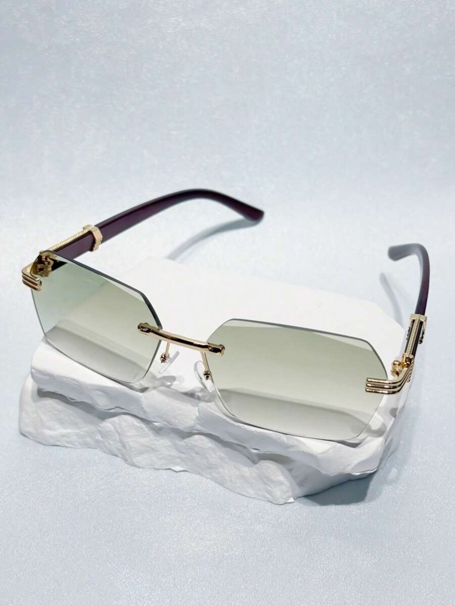 1 Pair Unisex Fashion Classic Frameless Rectangular Lens Fashion Glasses, Faux Wood-Grain Temples, Beach Accessories, Outdoor Party Decor, Photography Props, Ideal Gift For Summer Beach Vacation,Outdoor,Travel