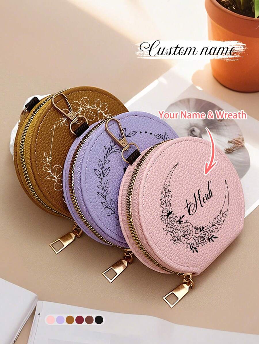 Customized Round Coin Pouch, PU Leather Mini Wallet, Personalized Wreath Text Women's Portable Coin Purse, Multi-Function Student Coin Pouch, Birthday Gift For Friends, Girlfriends